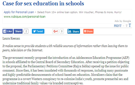 Case for sex education in schools. (The Hindu) - Laura Keenan